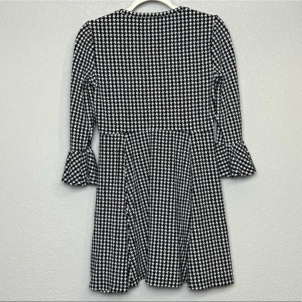 KATE SPADE Houndstooth 3/4 Ruffle Sleeves Stretch Crepe Fit & Flare Dress Size S